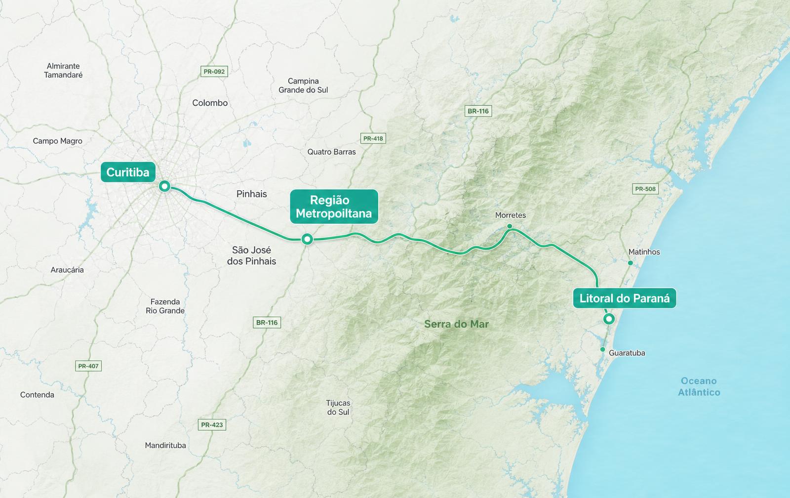 Mapa da área de atendimento entre Curitiba, Região Metropolitana e litoral do Paraná